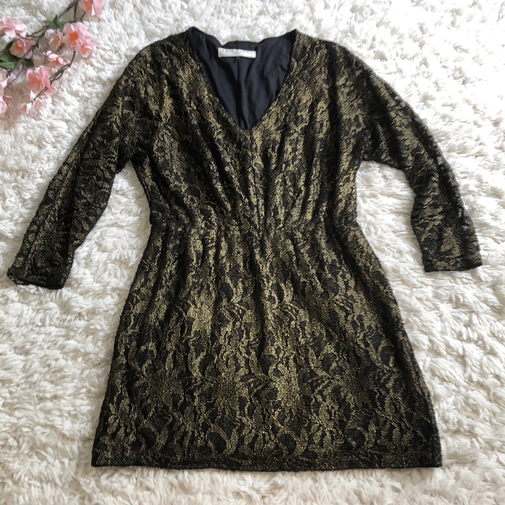 Trina Turk bronze lace sheer long sleeve dress